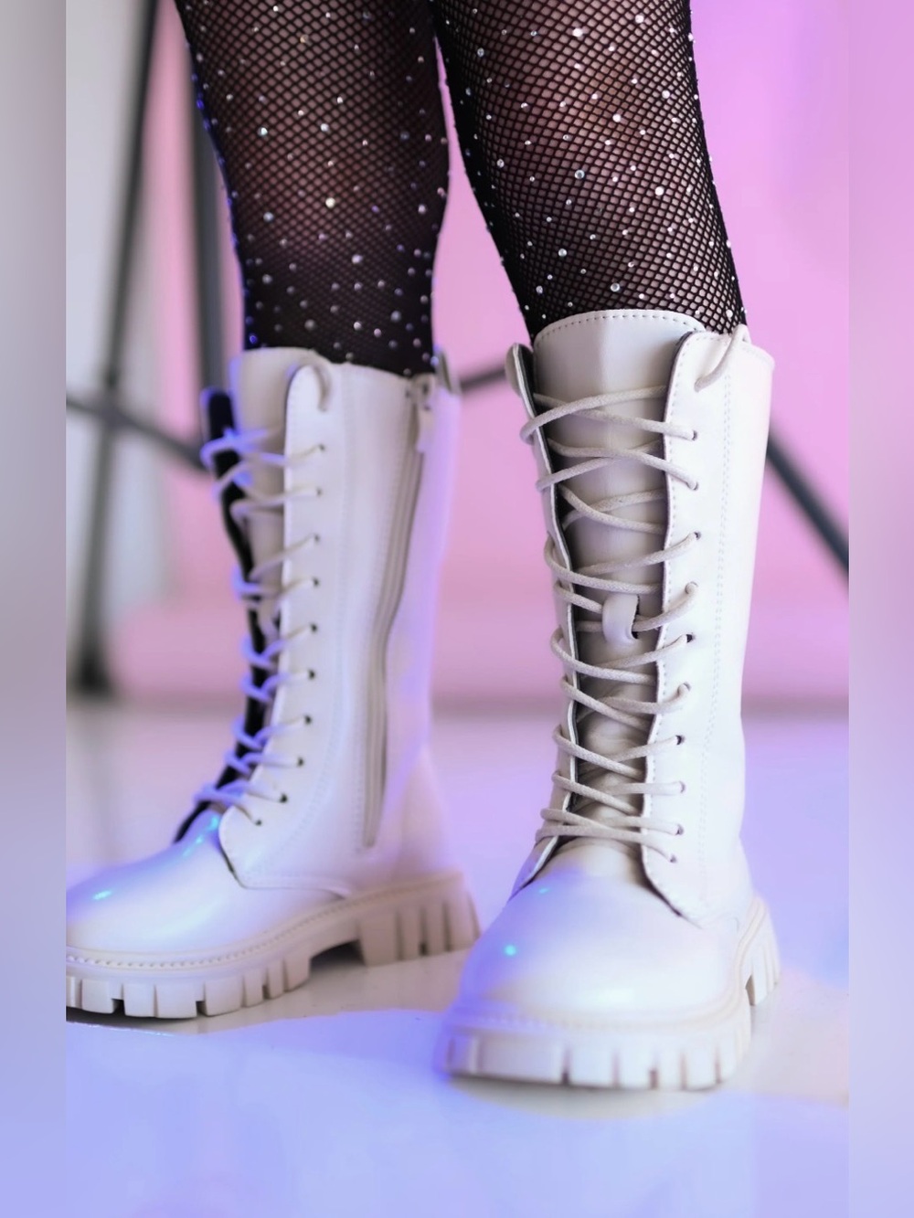Girls Lace Up Riding Boots Mid Calf Combat Boots PU Leather sz 4.5